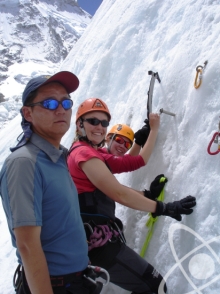 Jamling teaching Gwen & Liesl ice-climbing techniques