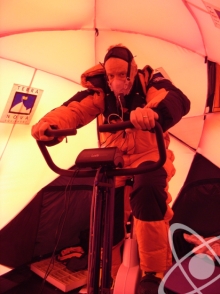 Chris Imray on an exercise bike at 7950m